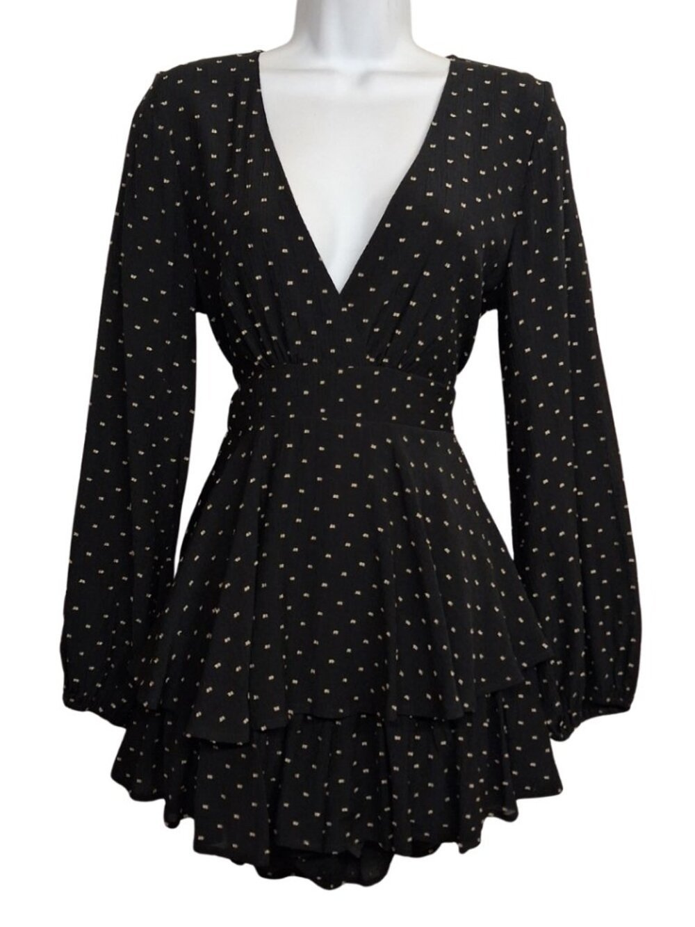 Lilyful Romper Dress Polka Dot Black Long Sleeve V Neck Layered Skirt Small